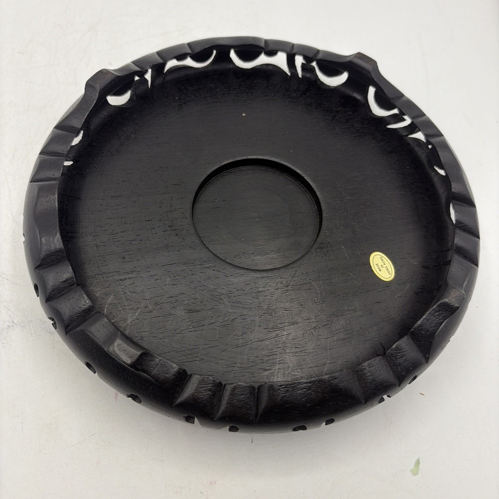 Vintage Hong Kong Black Carved Wood Pedestal Stand Display Base Bowl Vase